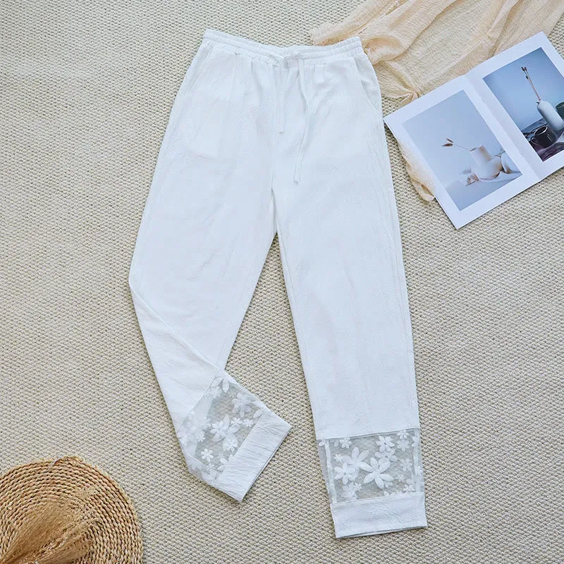 Buddha Stones Summer Daily FloralWhite Plain Patchwork Lace Design Cotton Linen Women's Pants With Pockets