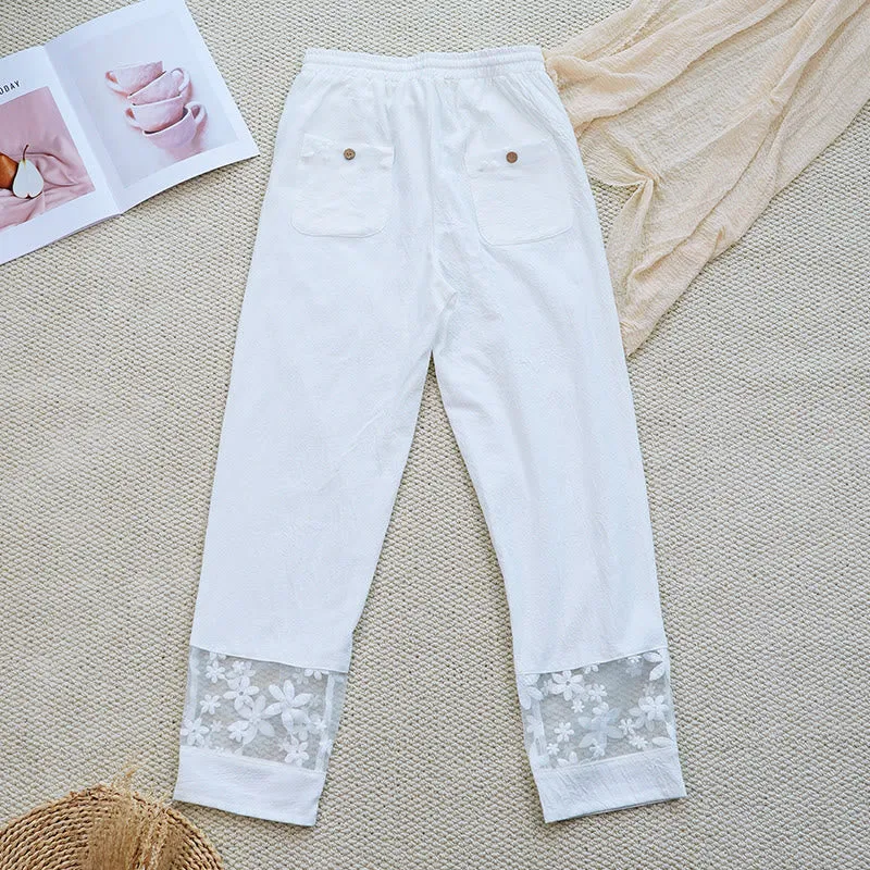 Buddha Stones Summer Daily FloralWhite Plain Patchwork Lace Design Cotton Linen Women's Pants With Pockets