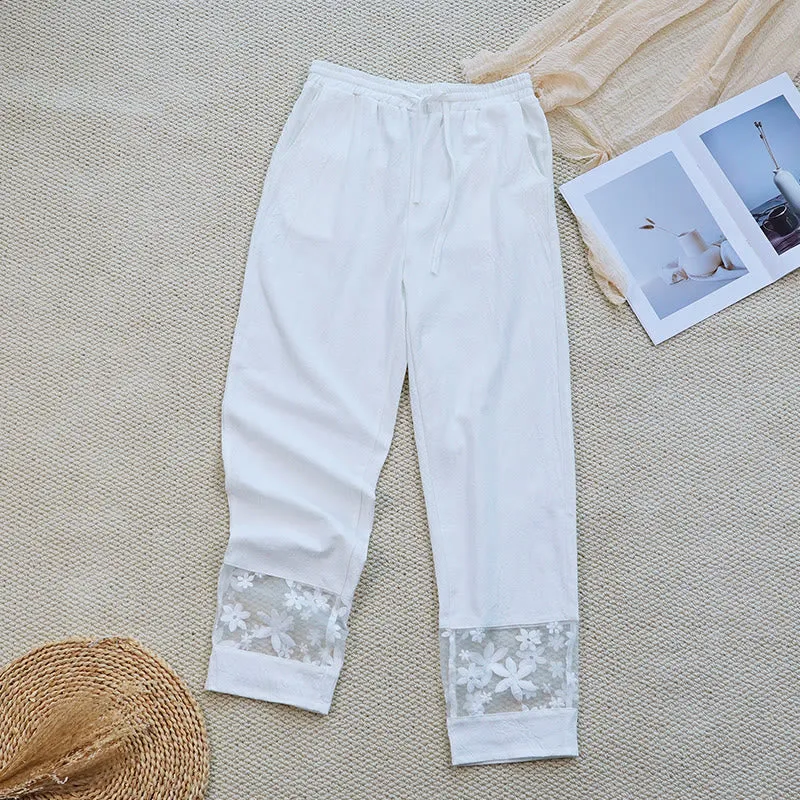 Buddha Stones Summer Daily FloralWhite Plain Patchwork Lace Design Cotton Linen Women's Pants With Pockets
