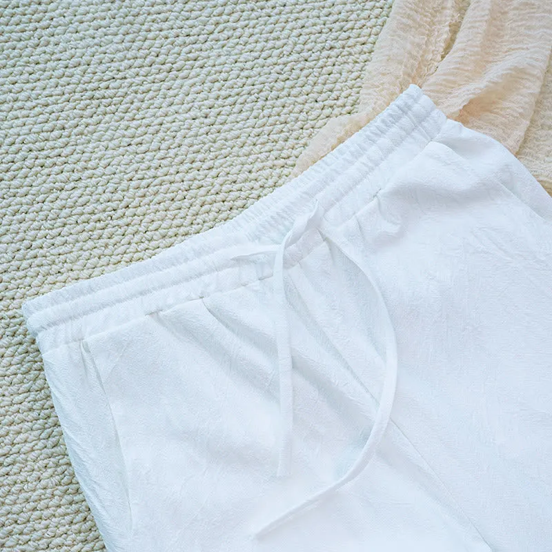 Buddha Stones Summer Daily FloralWhite Plain Patchwork Lace Design Cotton Linen Women's Pants With Pockets