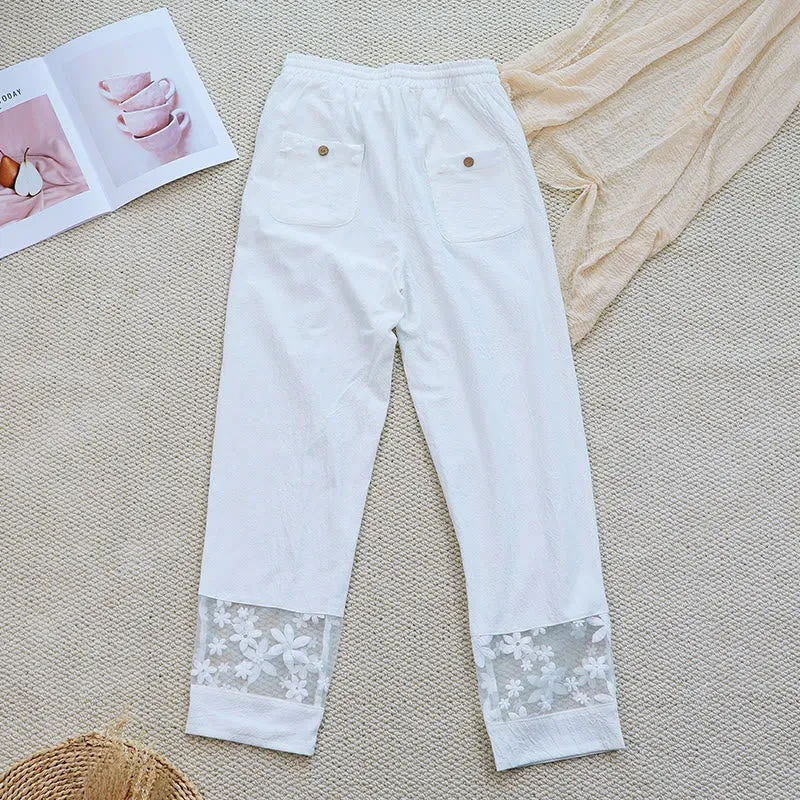 Buddha Stones Summer Daily FloralWhite Plain Patchwork Lace Design Cotton Linen Women's Pants With Pockets