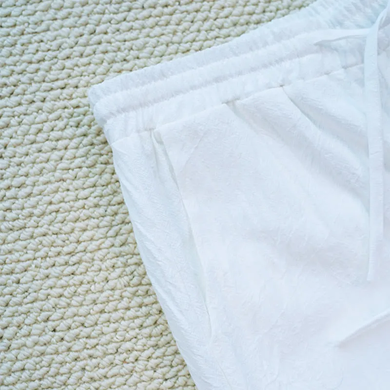 Buddha Stones Summer Daily FloralWhite Plain Patchwork Lace Design Cotton Linen Women's Pants With Pockets
