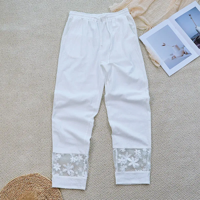 Buddha Stones Summer Daily FloralWhite Plain Patchwork Lace Design Cotton Linen Women's Pants With Pockets