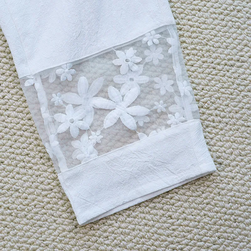 Buddha Stones Summer Daily FloralWhite Plain Patchwork Lace Design Cotton Linen Women's Pants With Pockets