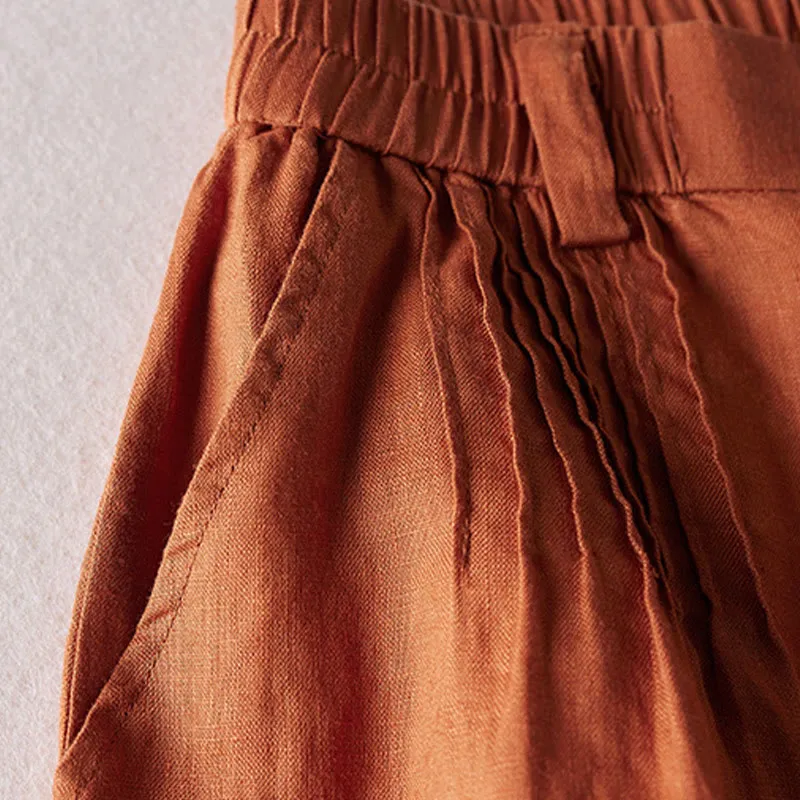 Buddha Stones Summer Daily Simple Wrinkle Design Cotton Linen Women's Shorts With Pockets