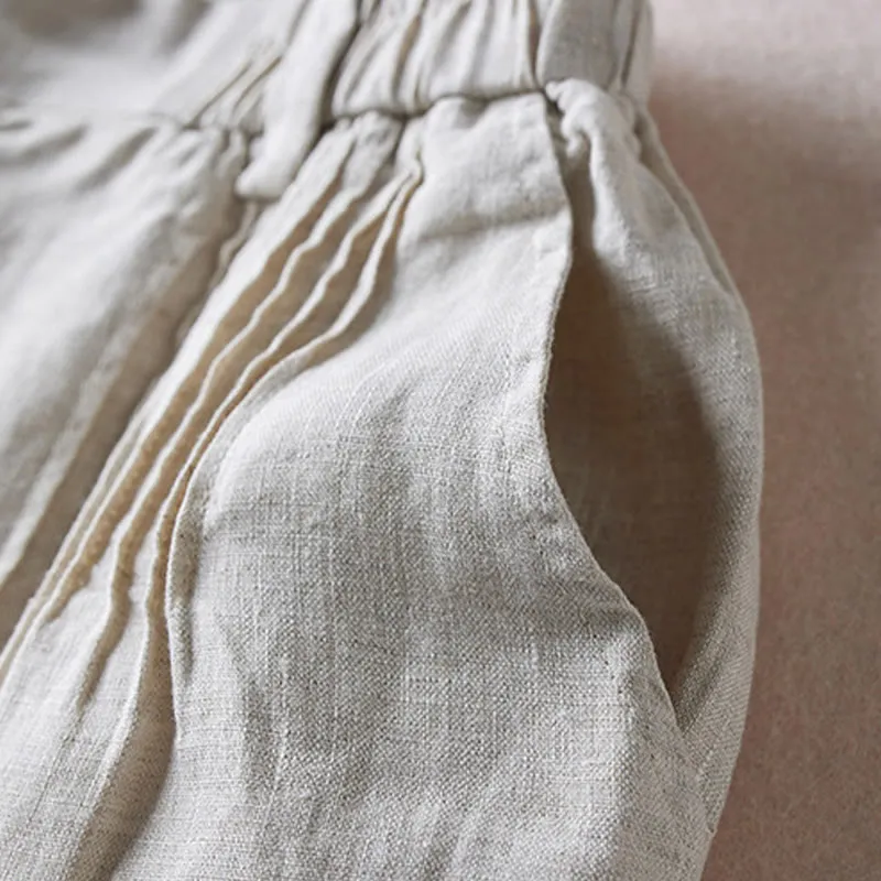 Buddha Stones Summer Daily Simple Wrinkle Design Cotton Linen Women's Shorts With Pockets