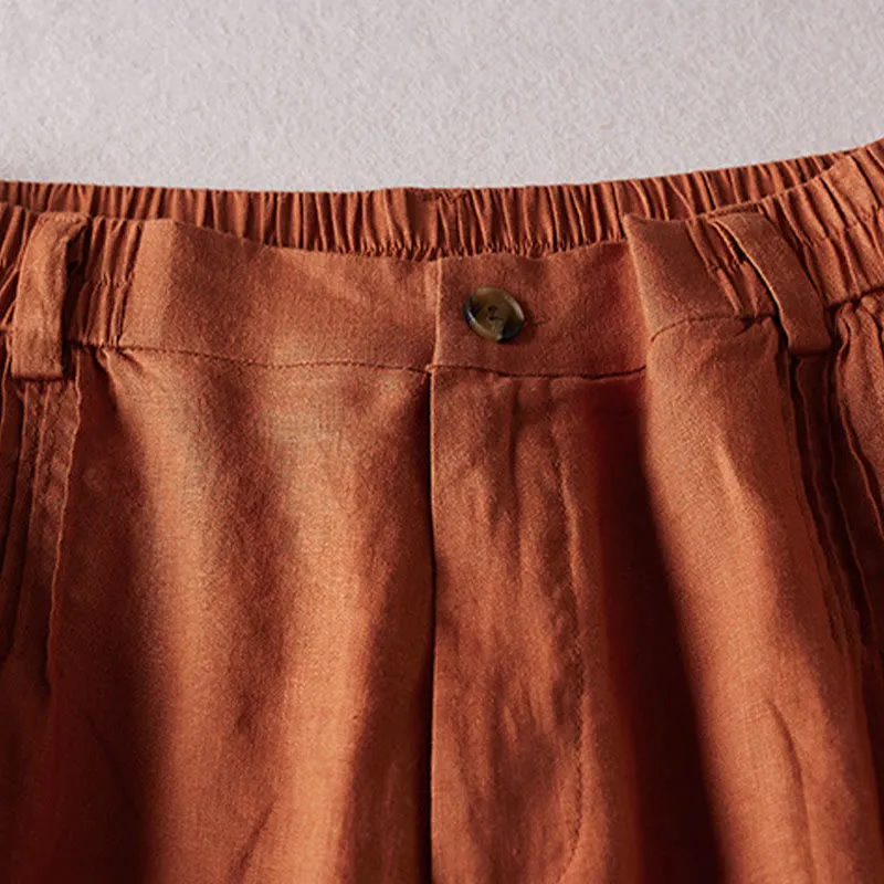 Buddha Stones Summer Daily Simple Wrinkle Design Cotton Linen Women's Shorts With Pockets