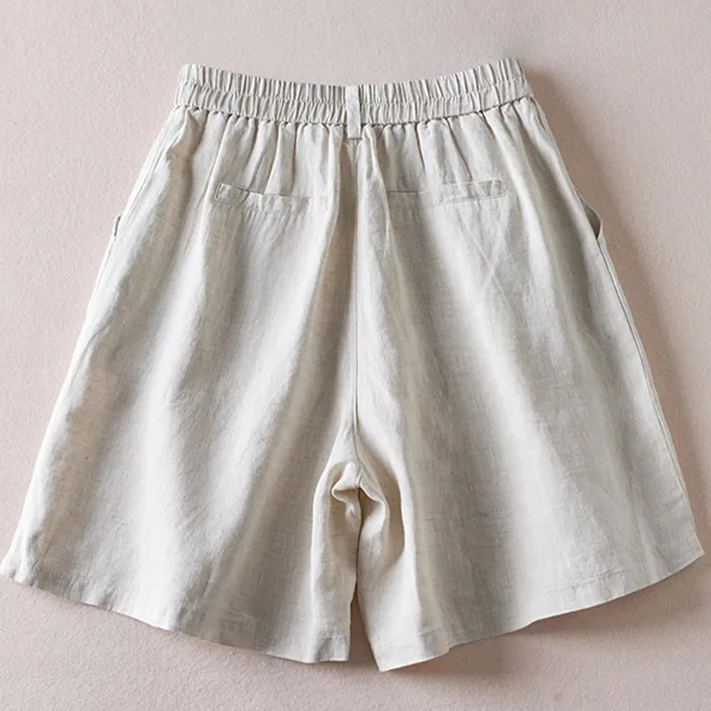Buddha Stones Summer Daily Simple Wrinkle Design Cotton Linen Women's Shorts With Pockets