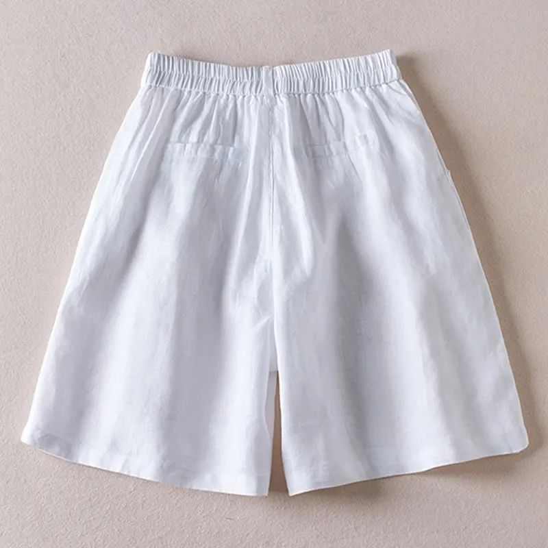 Buddha Stones Summer Daily Simple Wrinkle Design Cotton Linen Women's Shorts With Pockets