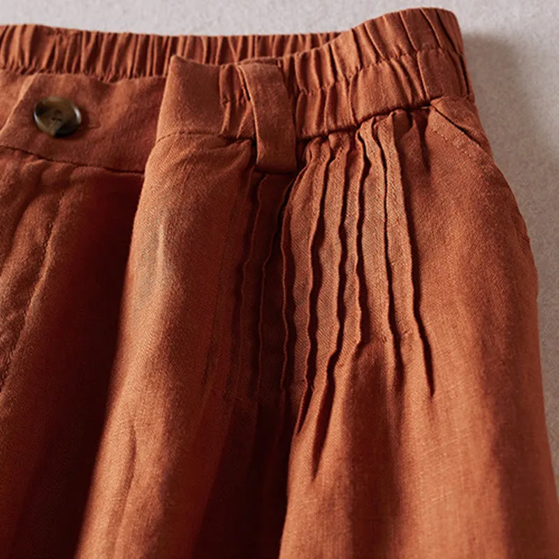 Buddha Stones Summer Daily Simple Wrinkle Design Cotton Linen Women's Shorts With Pockets