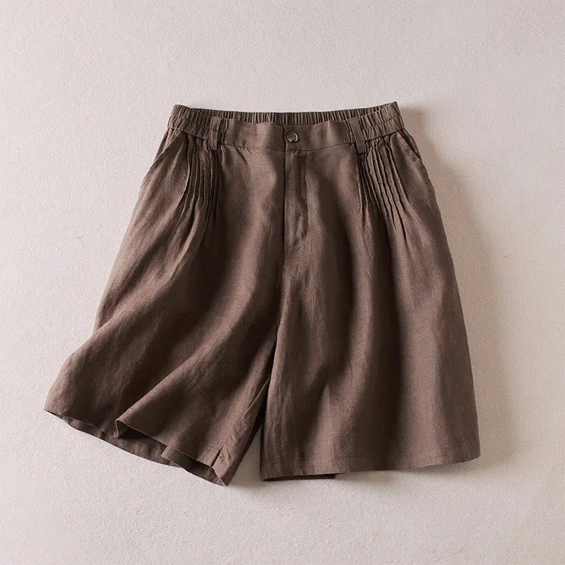 Buddha Stones Summer Daily Simple Wrinkle Design Cotton Linen Women's Shorts With Pockets