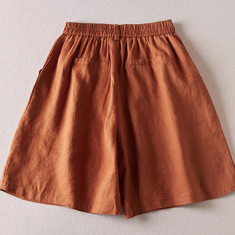 Buddha Stones Summer Daily Simple Wrinkle Design Cotton Linen Women's Shorts With Pockets