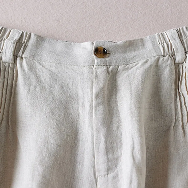 Buddha Stones Summer Daily Simple Wrinkle Design Cotton Linen Women's Shorts With Pockets