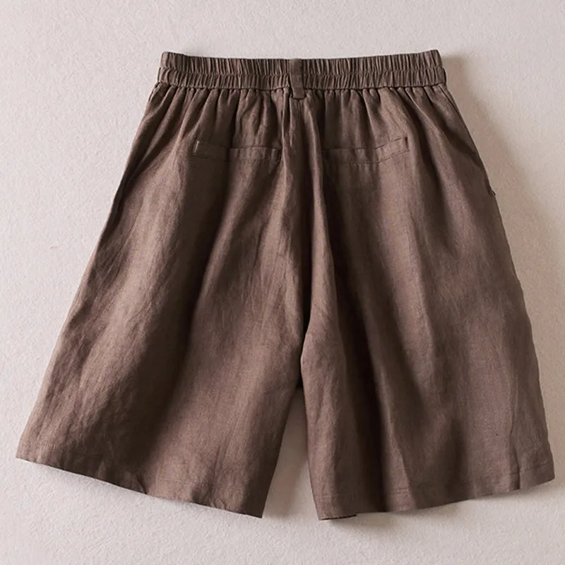 Buddha Stones Summer Daily Simple Wrinkle Design Cotton Linen Women's Shorts With Pockets
