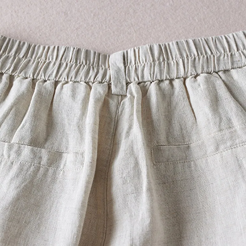 Buddha Stones Summer Daily Simple Wrinkle Design Cotton Linen Women's Shorts With Pockets