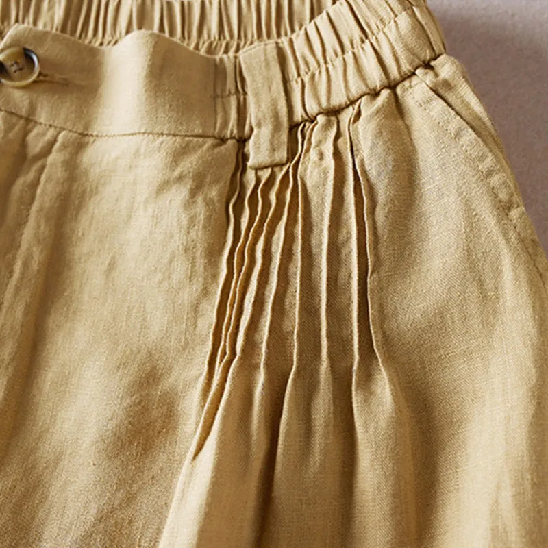 Buddha Stones Summer Daily Simple Wrinkle Design Cotton Linen Women's Shorts With Pockets