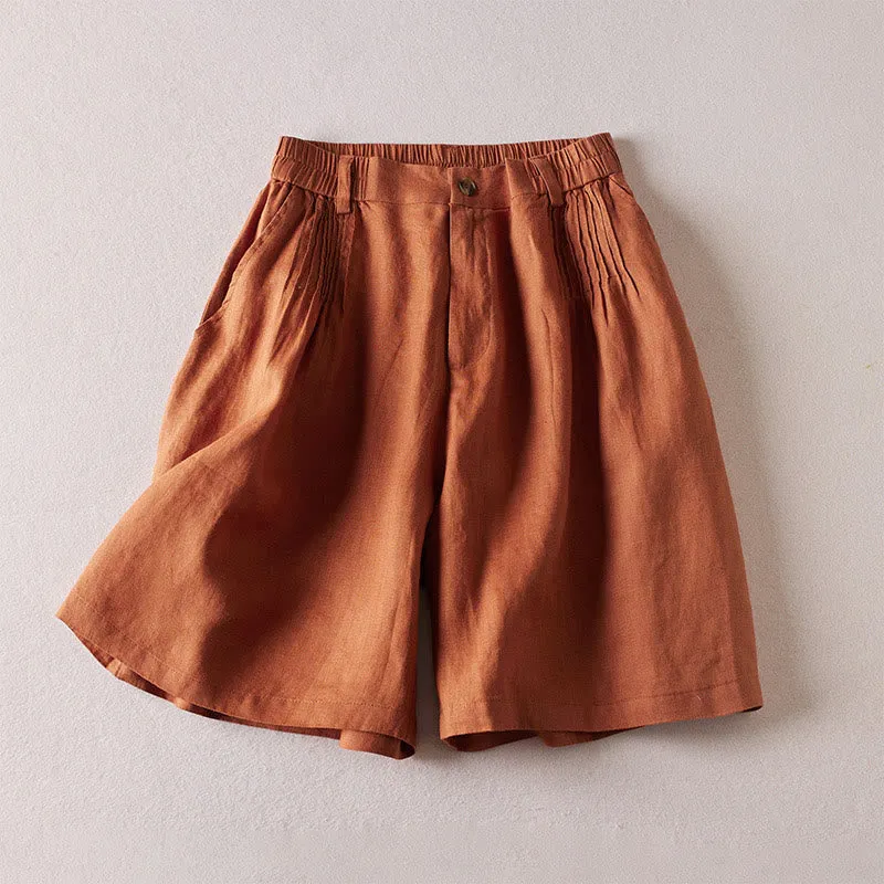 Buddha Stones Summer Daily Simple Wrinkle Design Cotton Linen Women's Shorts With Pockets