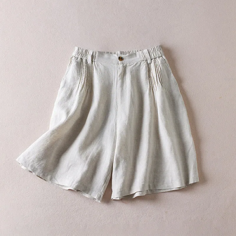 Buddha Stones Summer Daily Simple Wrinkle Design Cotton Linen Women's Shorts With Pockets