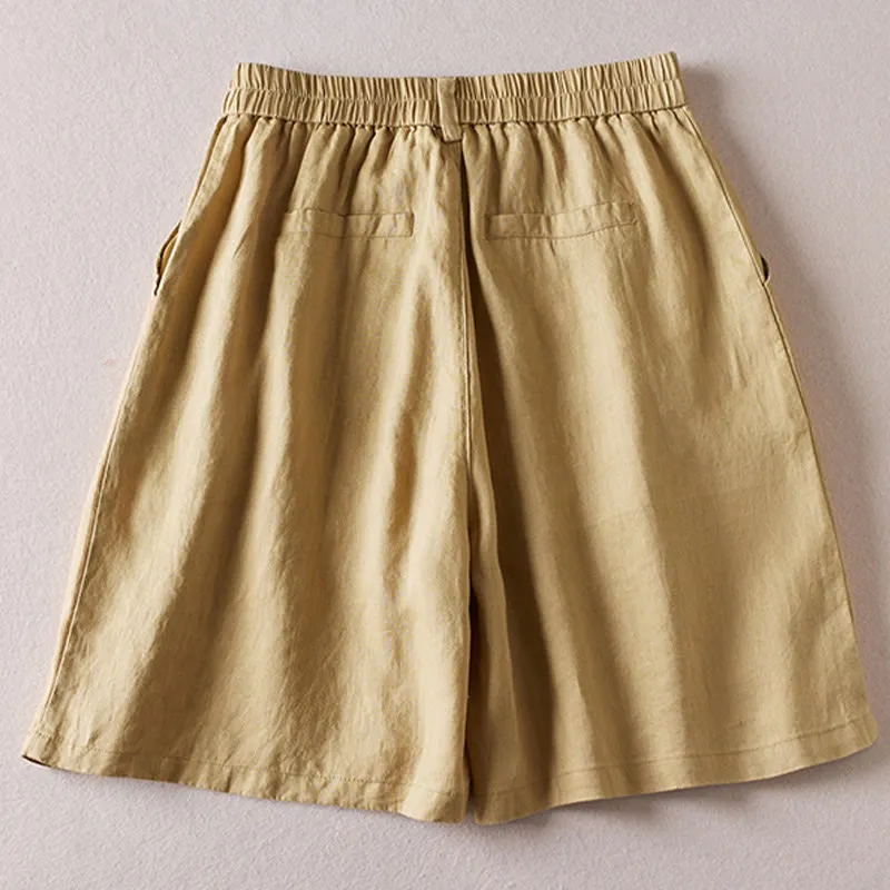 Buddha Stones Summer Daily Simple Wrinkle Design Cotton Linen Women's Shorts With Pockets