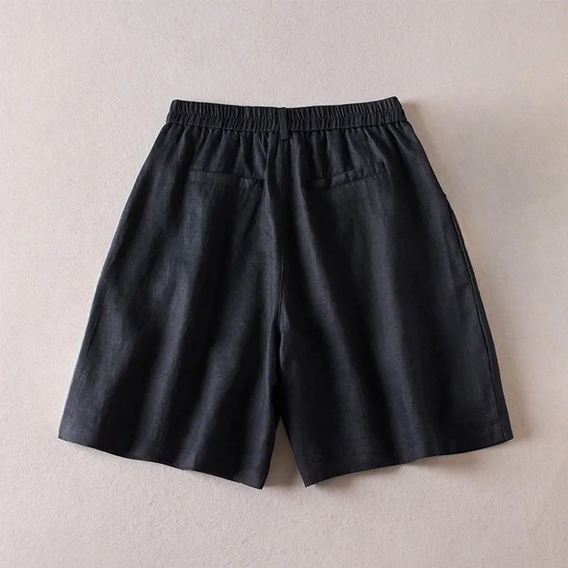 Buddha Stones Summer Daily Simple Wrinkle Design Cotton Linen Women's Shorts With Pockets