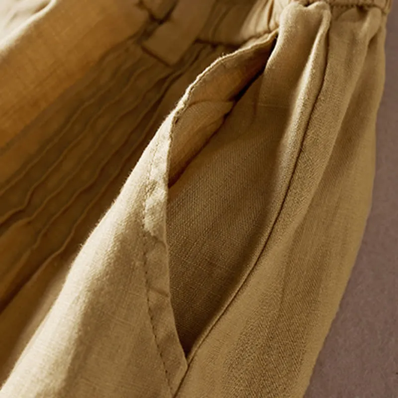 Buddha Stones Summer Daily Simple Wrinkle Design Cotton Linen Women's Shorts With Pockets