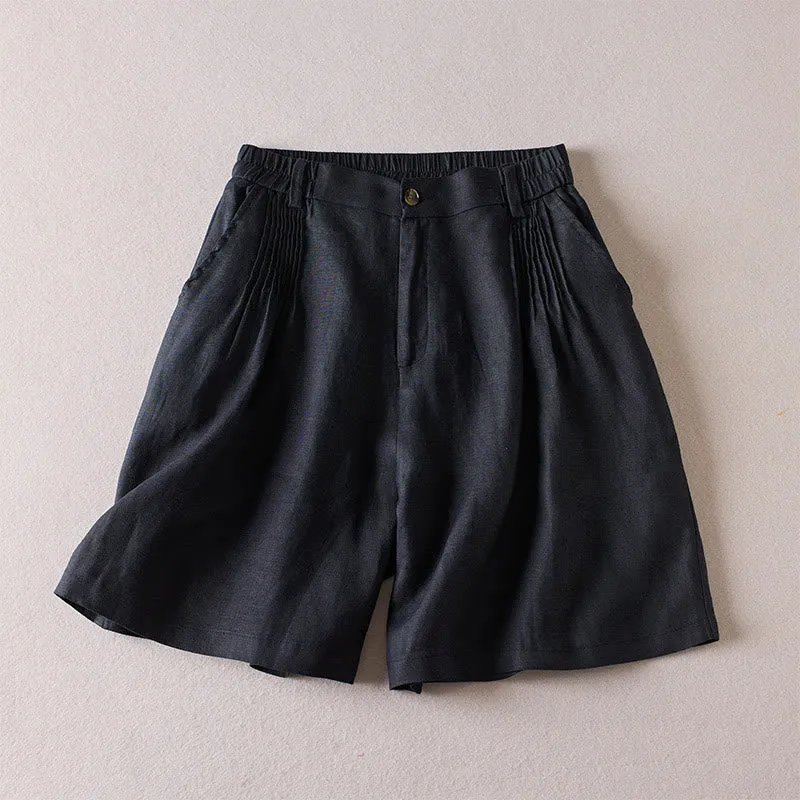 Buddha Stones Summer Daily Simple Wrinkle Design Cotton Linen Women's Shorts With Pockets