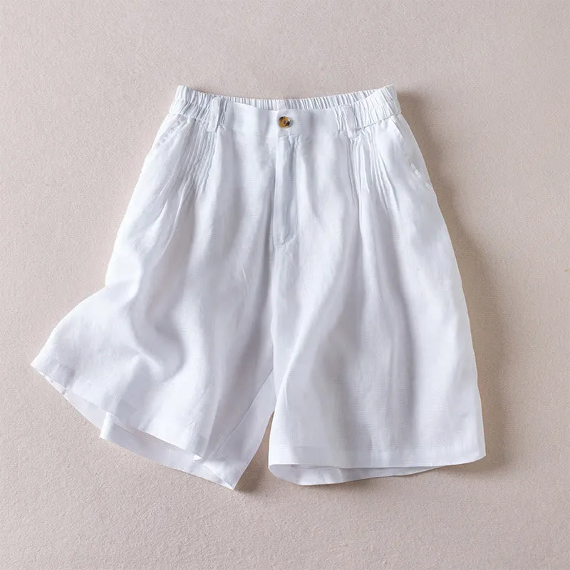 Buddha Stones Summer Daily Simple Wrinkle Design Cotton Linen Women's Shorts With Pockets