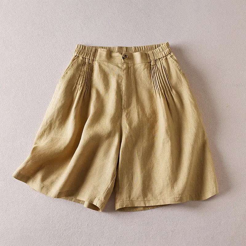 Buddha Stones Summer Daily Simple Wrinkle Design Cotton Linen Women's Shorts With Pockets
