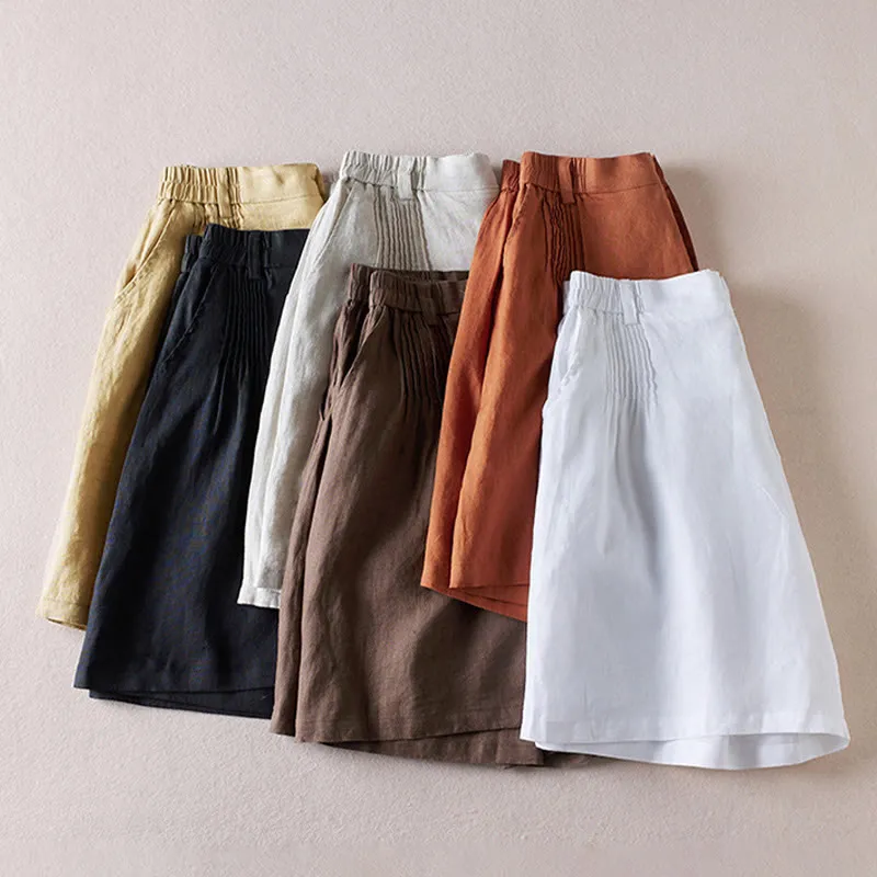 Buddha Stones Summer Daily Simple Wrinkle Design Cotton Linen Women's Shorts With Pockets