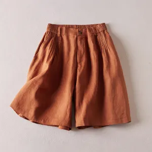 Buddha Stones Summer Daily Simple Wrinkle Design Cotton Linen Women's Shorts With Pockets