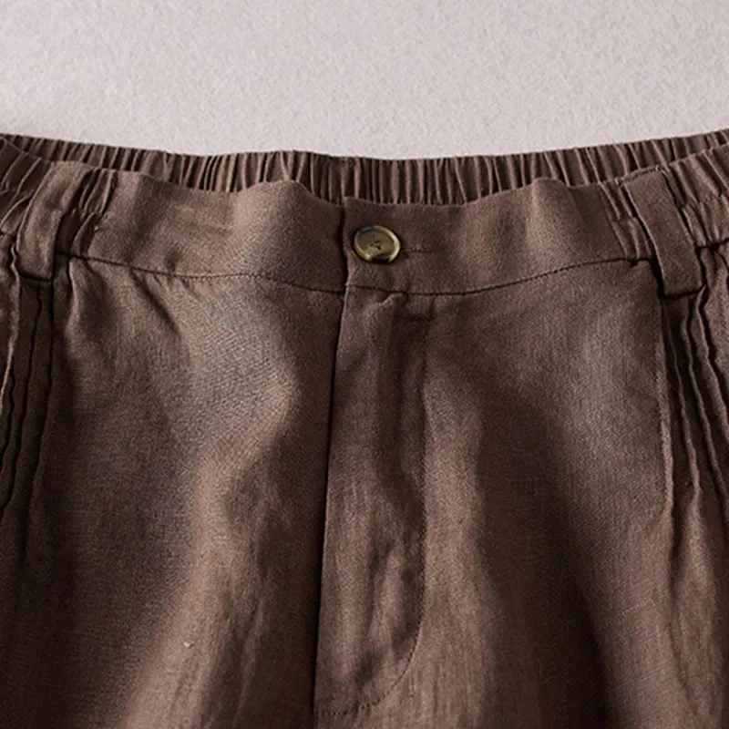 Buddha Stones Summer Daily Simple Wrinkle Design Cotton Linen Women's Shorts With Pockets