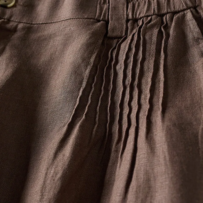 Buddha Stones Summer Daily Simple Wrinkle Design Cotton Linen Women's Shorts With Pockets