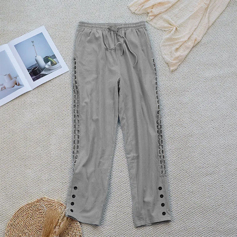 Buddha Stones Summer Plain Color Splicing Design Cotton Linen Women's Pants With Pockets