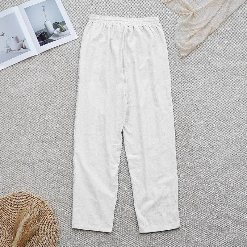 Buddha Stones Summer Plain Color Splicing Design Cotton Linen Women's Pants With Pockets