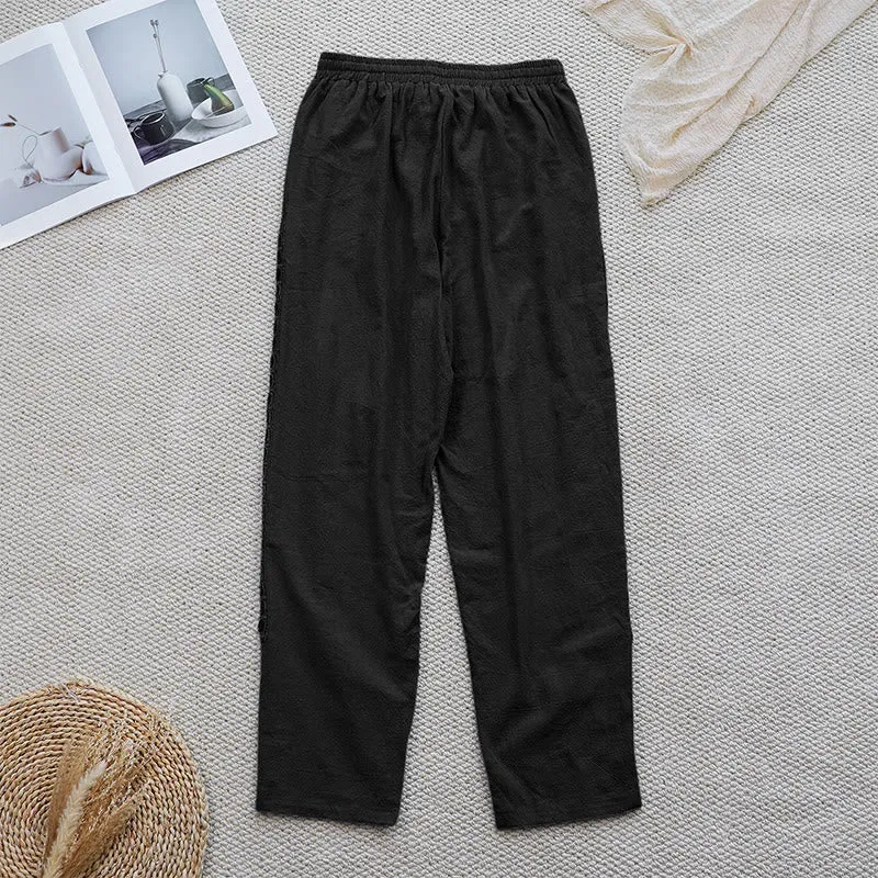 Buddha Stones Summer Plain Color Splicing Design Cotton Linen Women's Pants With Pockets