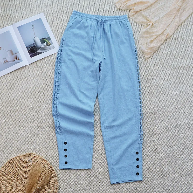 Buddha Stones Summer Plain Color Splicing Design Cotton Linen Women's Pants With Pockets