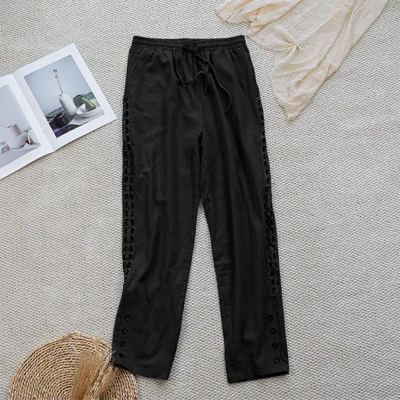 Buddha Stones Summer Plain Color Splicing Design Cotton Linen Women's Pants With Pockets