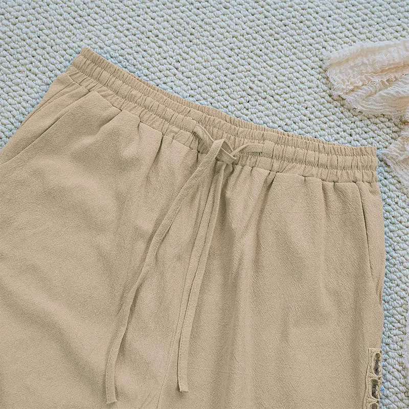 Buddha Stones Summer Plain Color Splicing Design Cotton Linen Women's Pants With Pockets