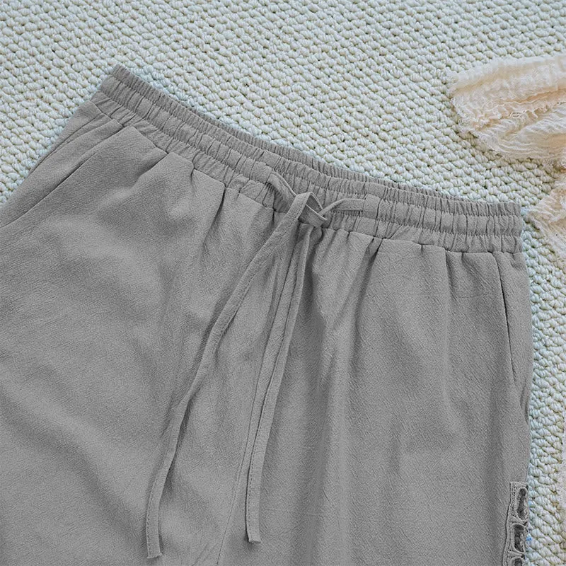 Buddha Stones Summer Plain Color Splicing Design Cotton Linen Women's Pants With Pockets