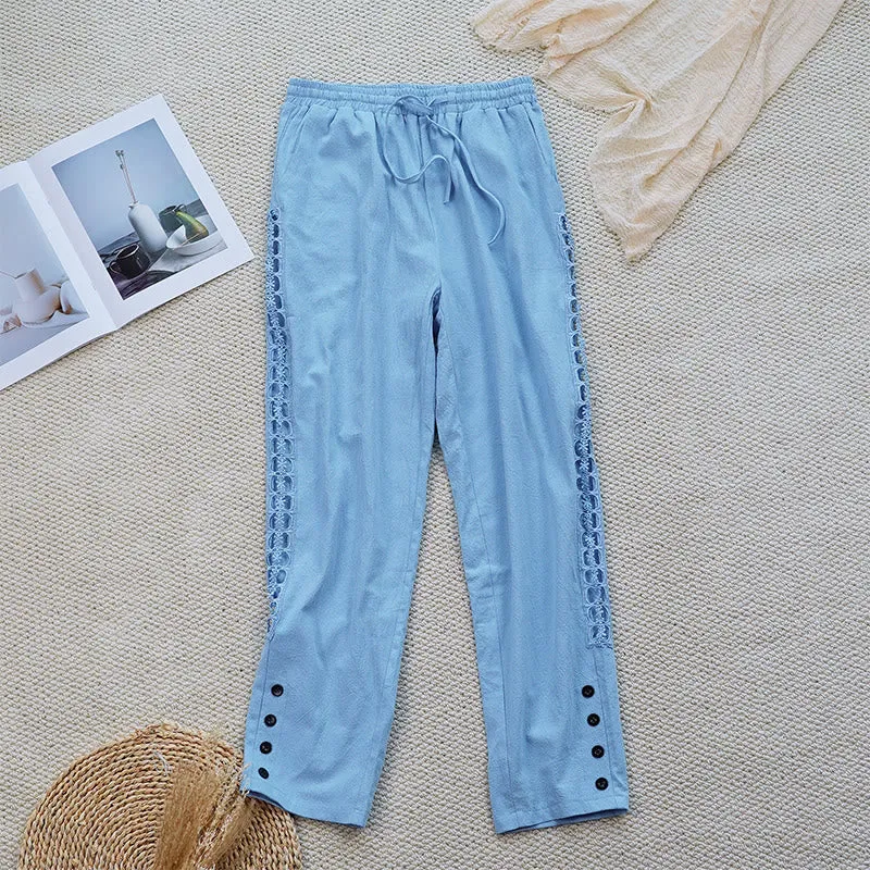 Buddha Stones Summer Plain Color Splicing Design Cotton Linen Women's Pants With Pockets