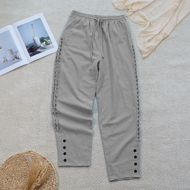 Buddha Stones Summer Plain Color Splicing Design Cotton Linen Women's Pants With Pockets