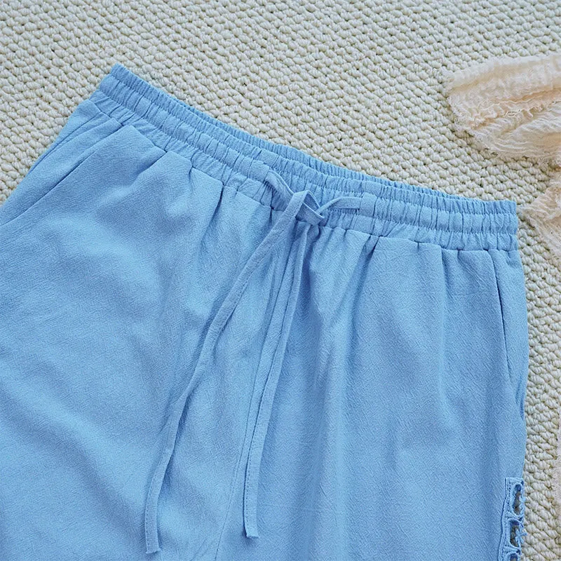 Buddha Stones Summer Plain Color Splicing Design Cotton Linen Women's Pants With Pockets