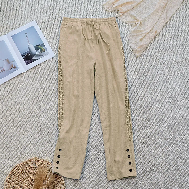 Buddha Stones Summer Plain Color Splicing Design Cotton Linen Women's Pants With Pockets