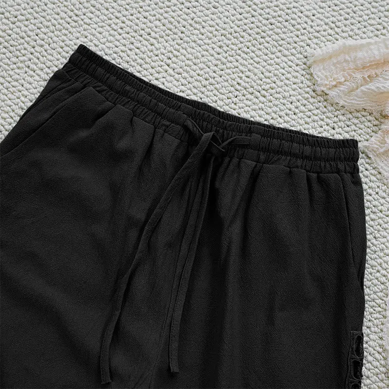 Buddha Stones Summer Plain Color Splicing Design Cotton Linen Women's Pants With Pockets