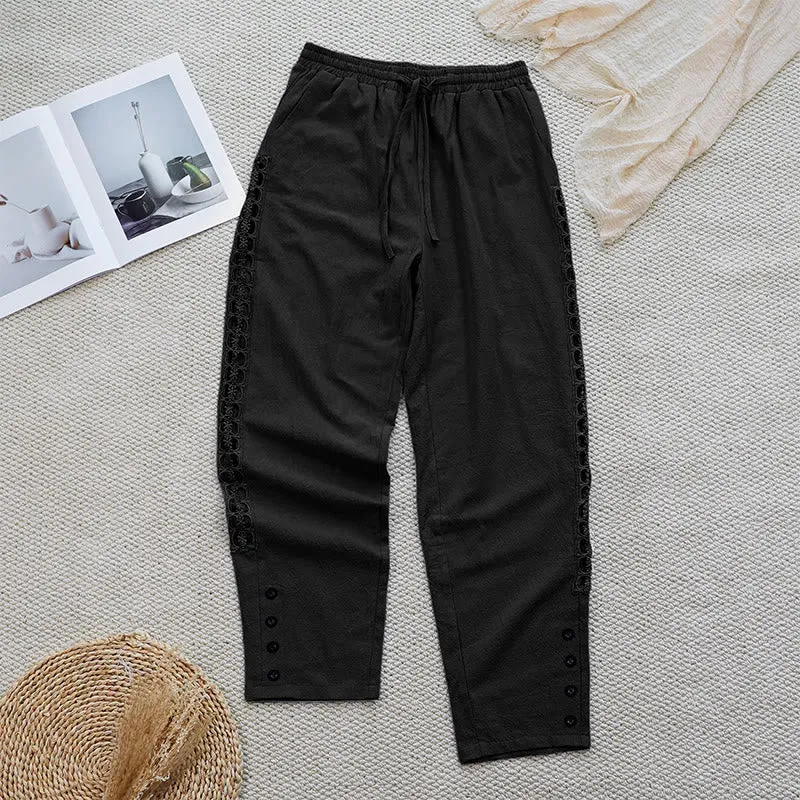 Buddha Stones Summer Plain Color Splicing Design Cotton Linen Women's Pants With Pockets