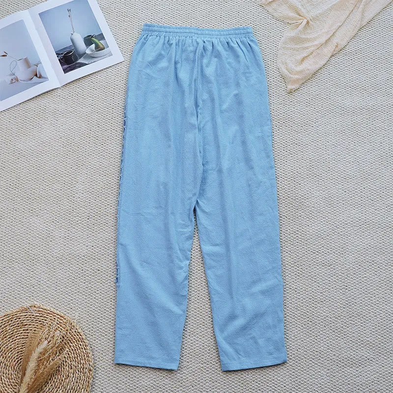 Buddha Stones Summer Plain Color Splicing Design Cotton Linen Women's Pants With Pockets