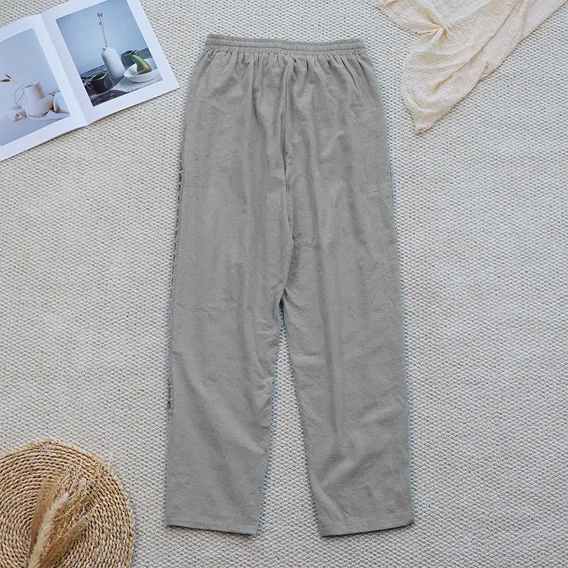 Buddha Stones Summer Plain Color Splicing Design Cotton Linen Women's Pants With Pockets