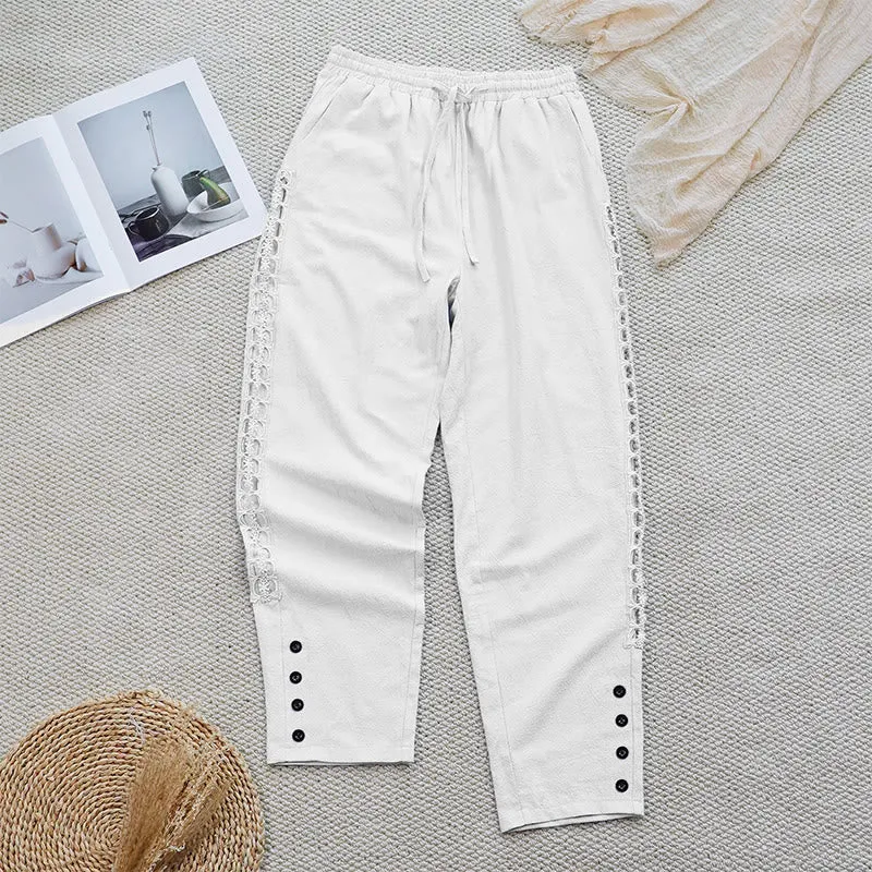 Buddha Stones Summer Plain Color Splicing Design Cotton Linen Women's Pants With Pockets