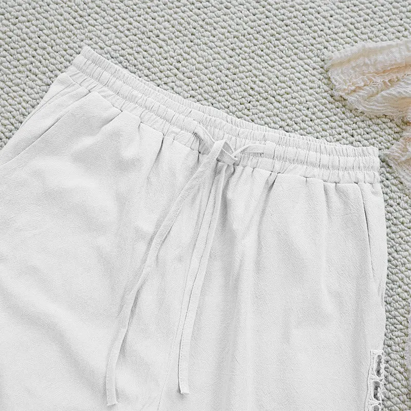 Buddha Stones Summer Plain Color Splicing Design Cotton Linen Women's Pants With Pockets