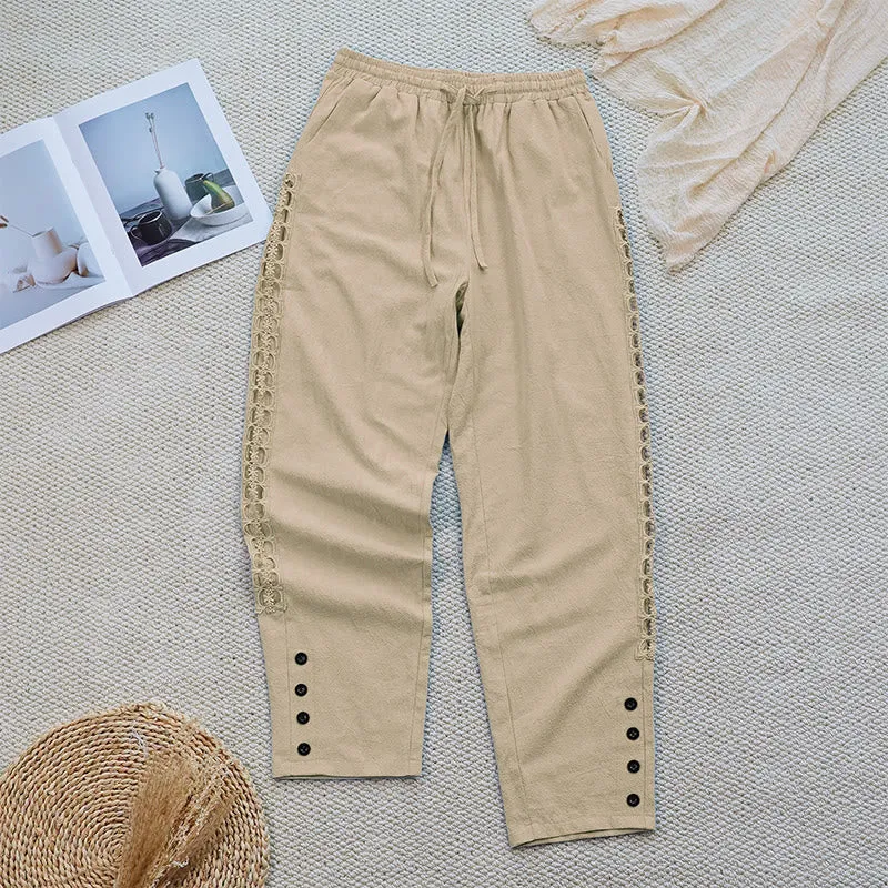 Buddha Stones Summer Plain Color Splicing Design Cotton Linen Women's Pants With Pockets